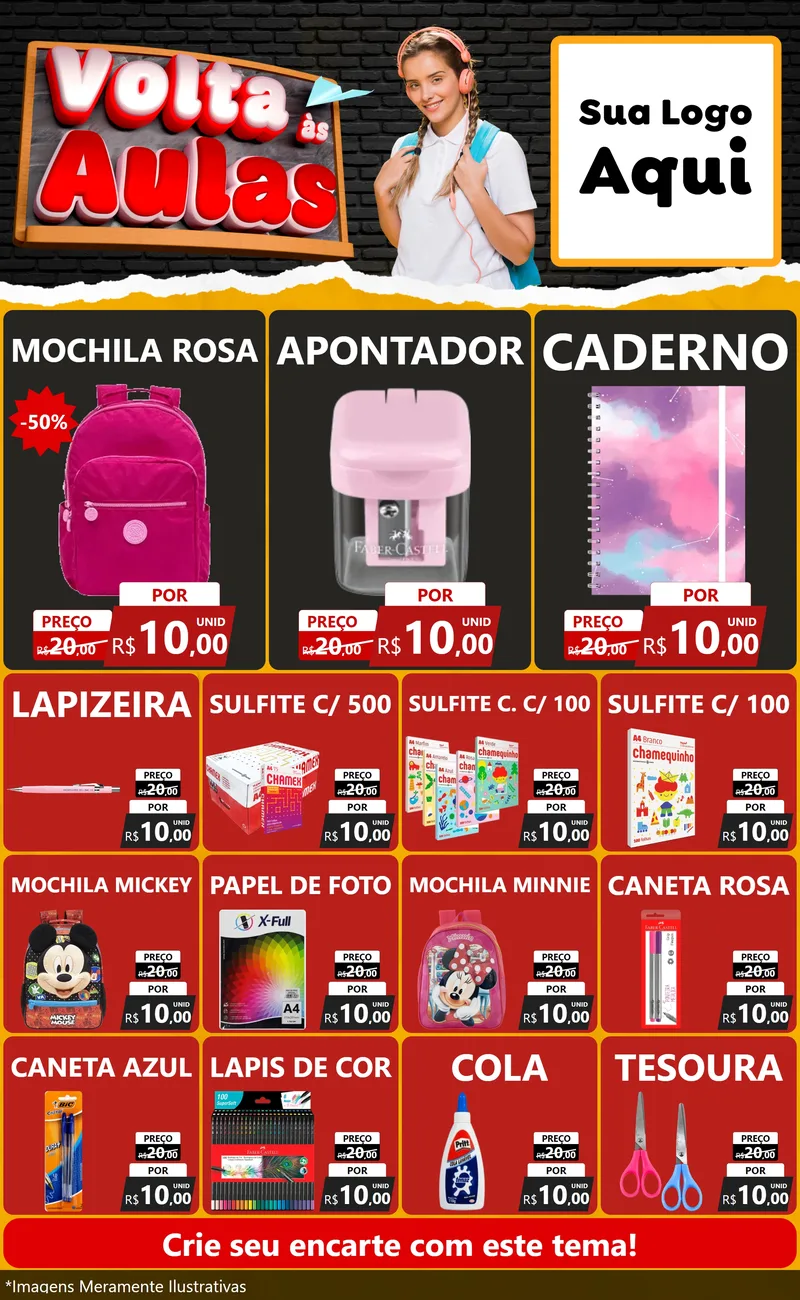 Modelo de Encarte para Encarte Grande com o tema Volta Às Aulas para Papelaria