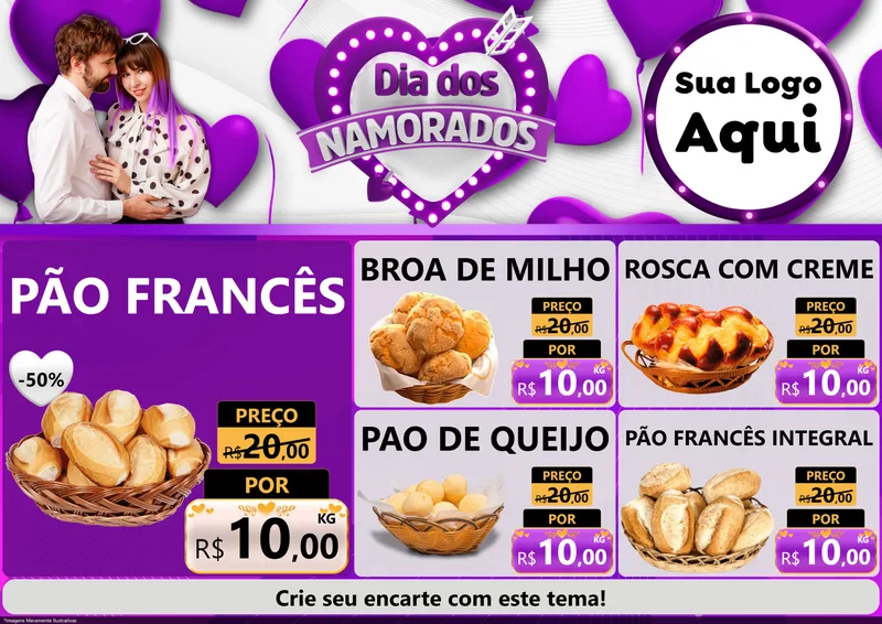 Modelo de Encarte para Encarte A4 Horizontal com o tema Dia dos Namorados para Padaria