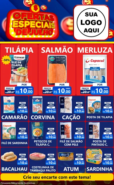 Modelo de Encarte para Encarte Grande com o tema Ofertas Especiais de Julho para Peixaria