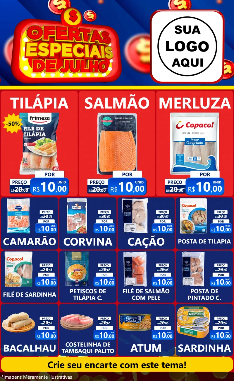 Modelo de Encarte para Encarte Grande com o tema Ofertas Especiais de Julho para Peixaria