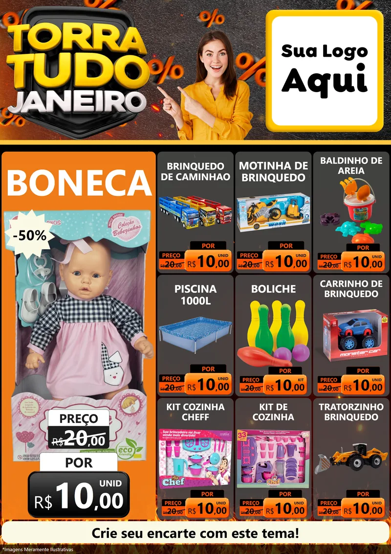 Modelo de Encarte para Encarte A4 Vertical com o tema Torra Tudo Janeiro para Brinquedos