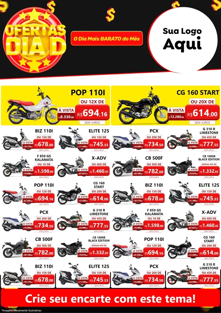 Modelo de Encarte para Encarte A4 Vertical com o tema Dia D para Concessionaria de Motos