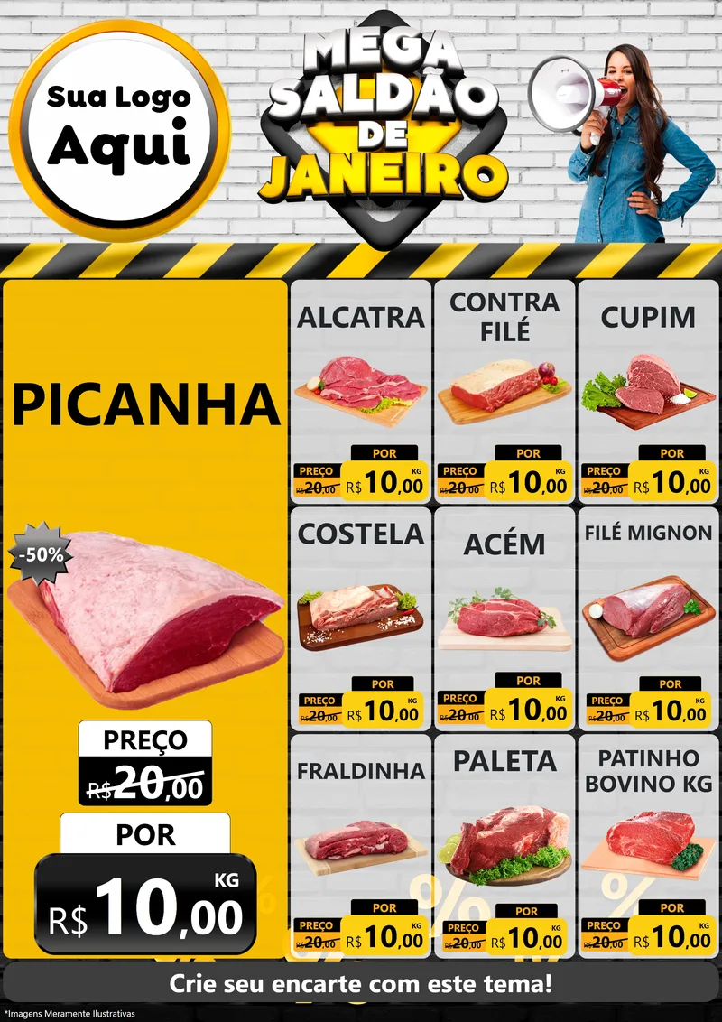 Modelo de Encarte para Encarte A4 Vertical com o tema Mega Saldão de Janeiro para Açougue