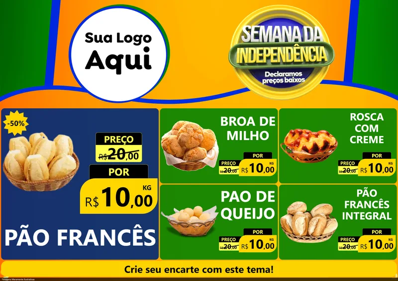 Modelo de Encarte para Encarte A4 Horizontal com o tema Semana da Independência Declaramos Preços Baixos para Padaria