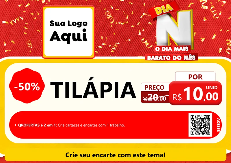 Modelo de Cartaz para Cartaz A4 Horizontal com o tema Dia N o Dia Mais Barato do Mês para Peixaria