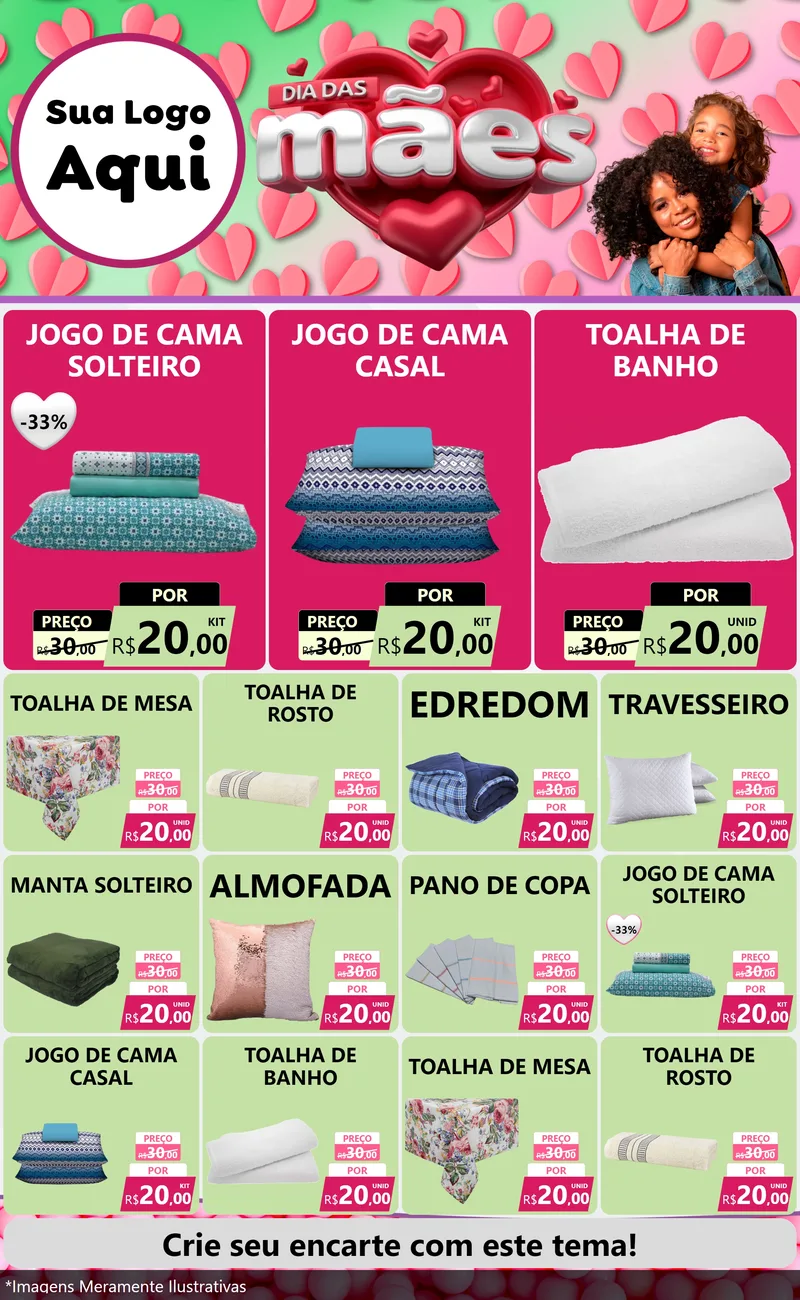 Modelo de Encarte para Encarte Grande com o tema Dia das Mães para Cama, Mesa e Banho