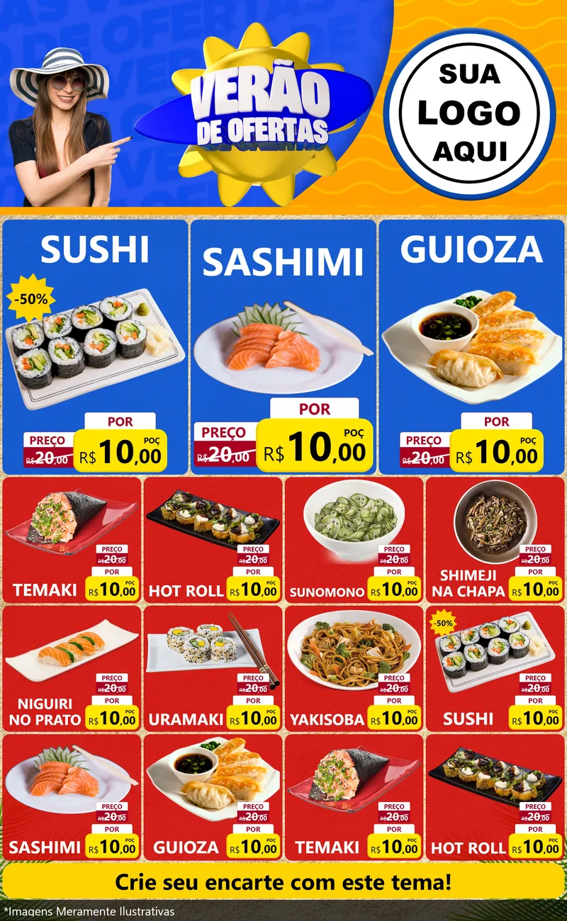 Modelo de Encarte para Encarte Grande com o tema Verão de Ofertas para Comida japonesa