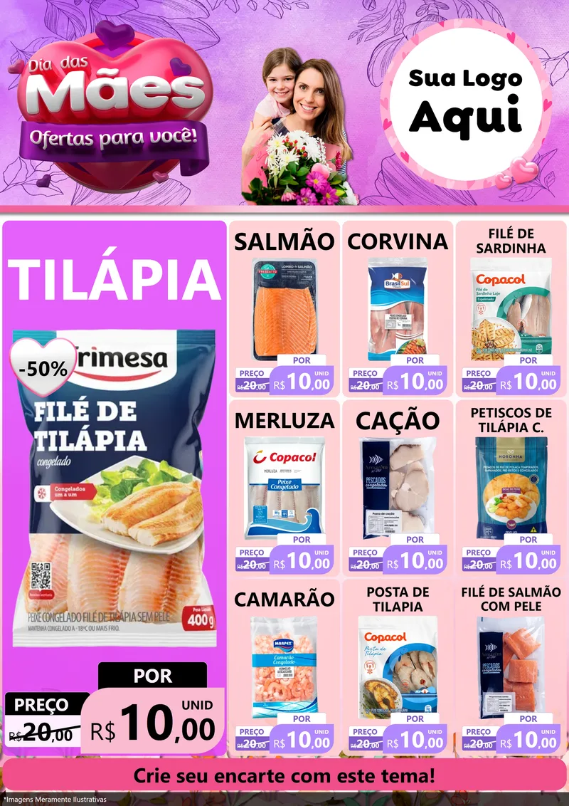 Modelo de Encarte para Encarte A4 Vertical com o tema Dia das Mães Ofertas para Você! para Peixaria