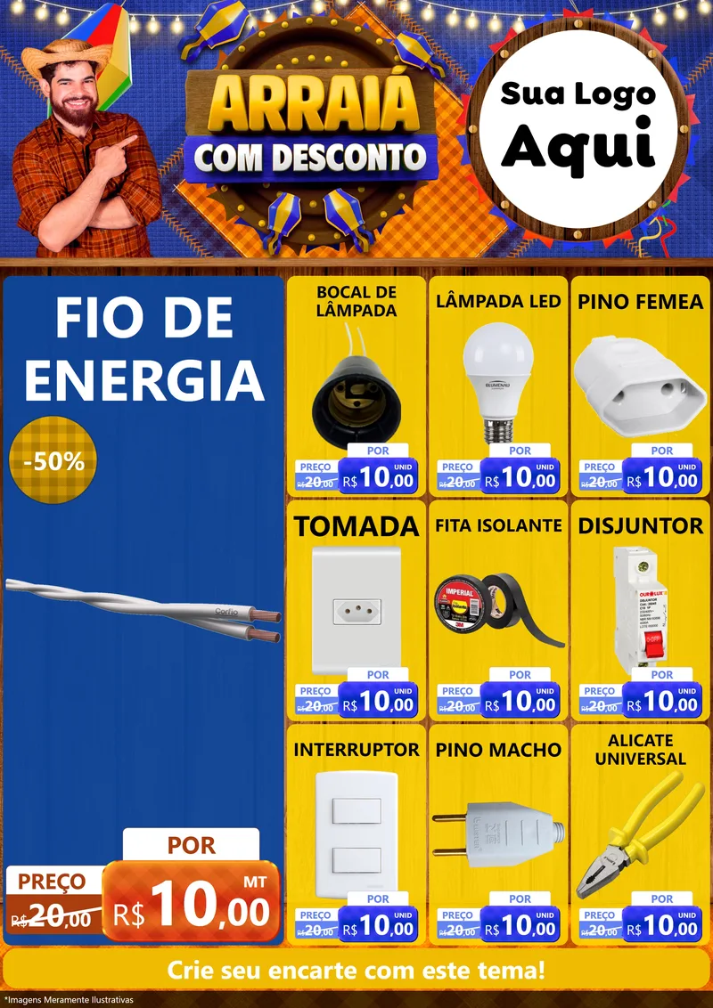 Modelo de Encarte para Encarte A4 Vertical com o tema Arraiá Com Desconto para Materiais Elétricos