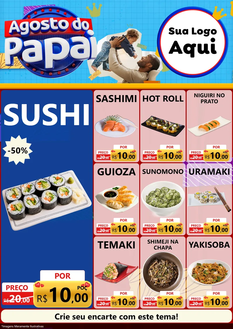 Modelo de Encarte para Encarte A4 Vertical com o tema Agosto do Papai para Comida japonesa
