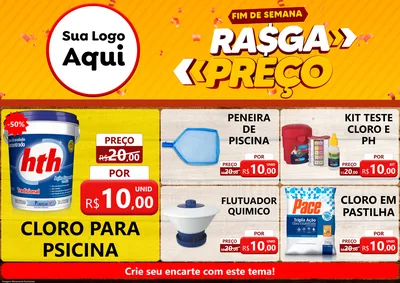 Modelo de Encarte para Encarte A4 Horizontal com o tema Fim de Semana Rasga Preços para Produtos para Piscina