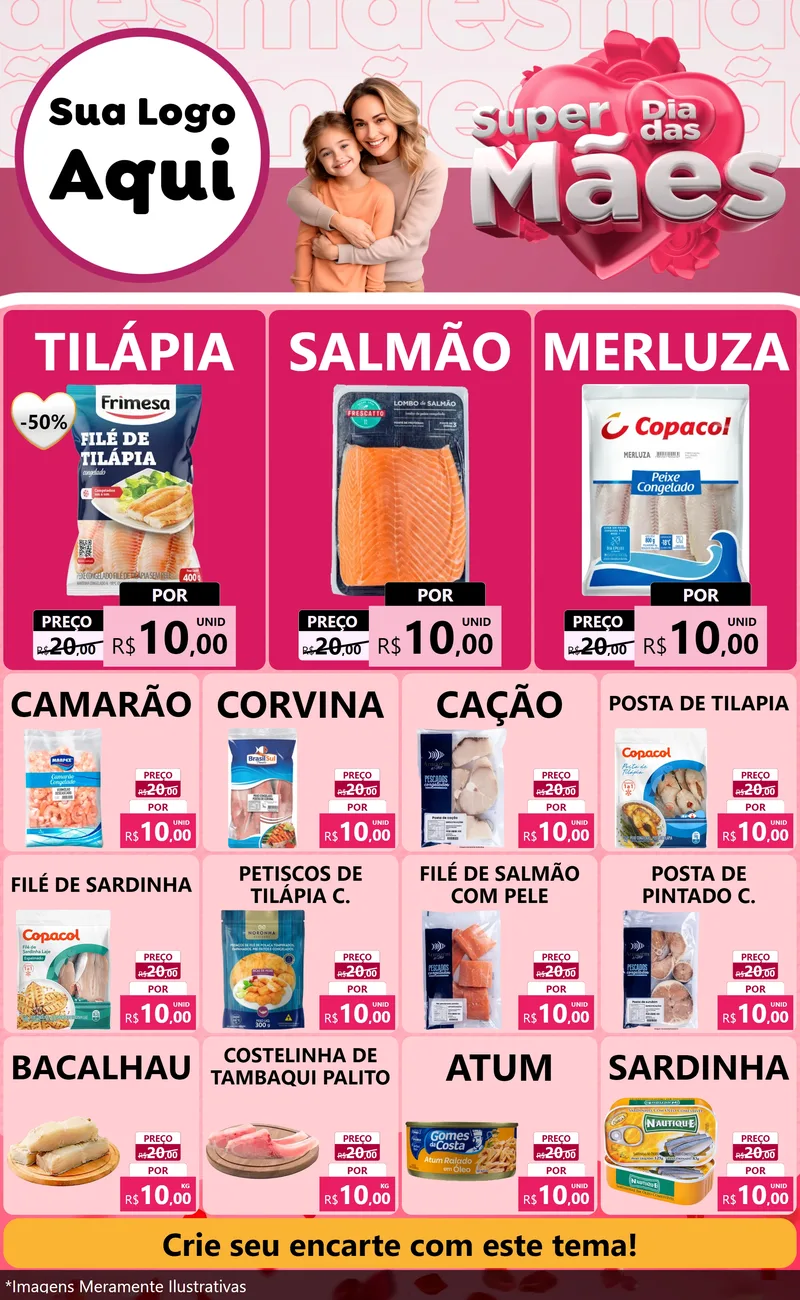 Modelo de Encarte para Encarte Grande com o tema Super Dia Das Mães para Peixaria