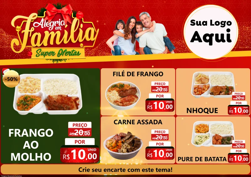Modelo de Encarte para Encarte A4 Horizontal com o tema Alegria em Família Super Ofertas - Natal para Restaurante