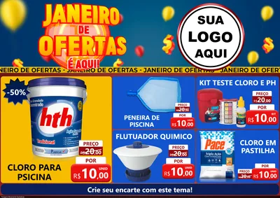Modelo de Encarte para Encarte A4 Horizontal com o tema Janeiro de Ofertas É Aqui! para Produtos para Piscina