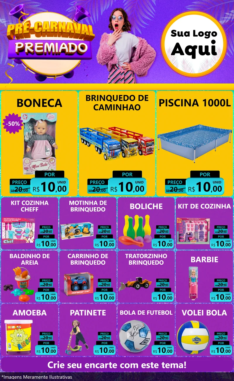 Modelo de Encarte para Encarte Grande com o tema Pré-Carnaval Premiado para Brinquedos