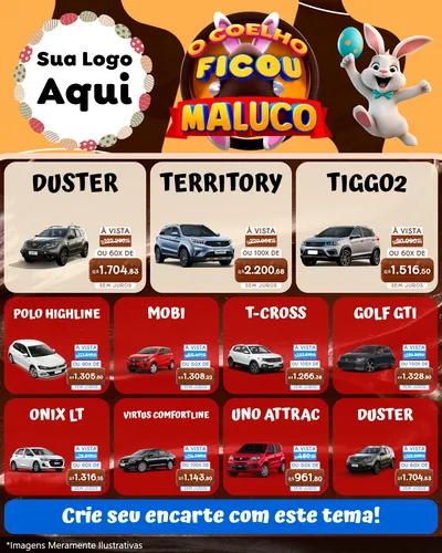 Modelo de Rede Social para Feed Instagram com o tema O Coelho Ficou Maluco - Páscoa para Concessionaria de Carros