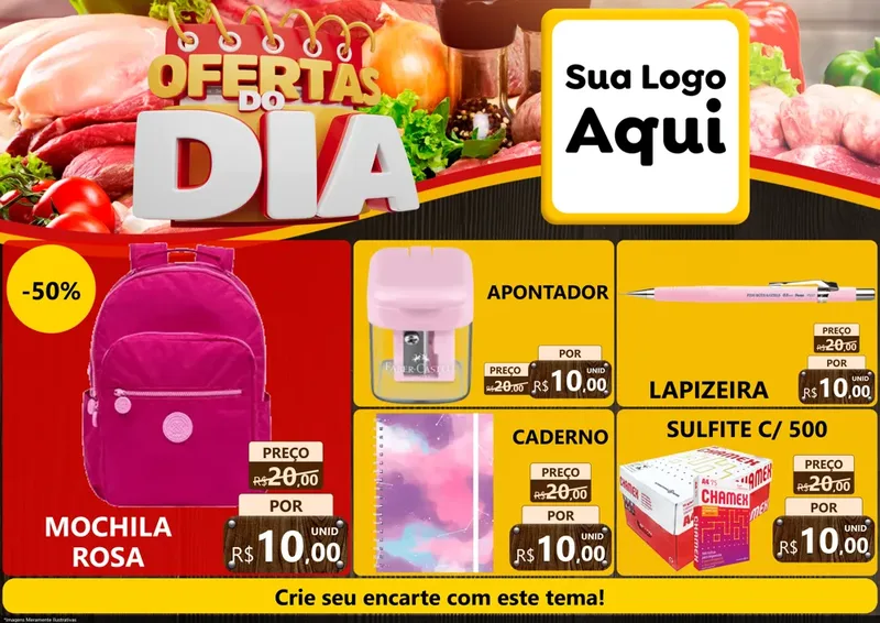 Modelo de Encarte para Encarte A4 Horizontal com o tema Ofertas do Dia para Papelaria