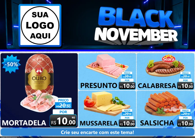 Modelo de Encarte para Encarte A4 Horizontal com o tema Black November para Frios e Laticínios
