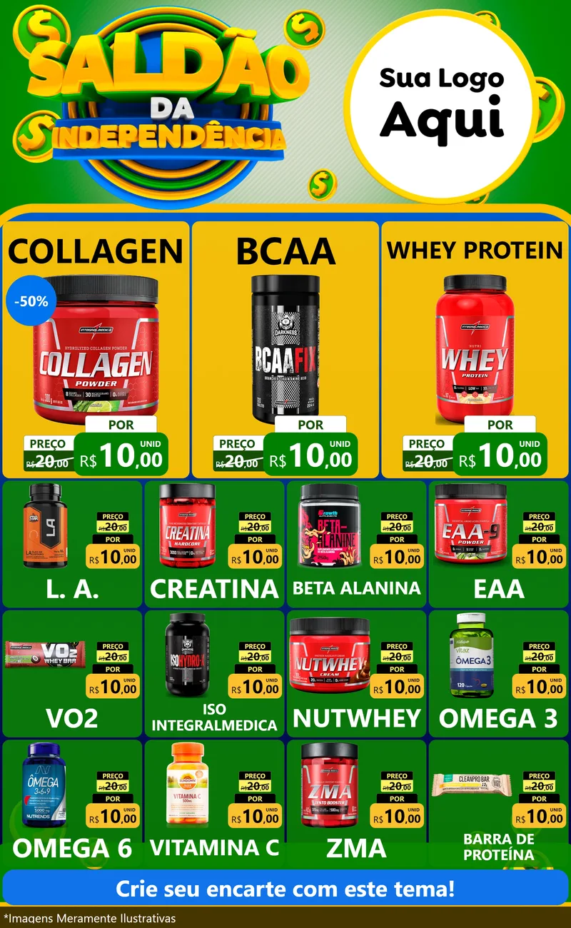 Modelo de Encarte para Encarte Grande com o tema Saldão da Indepêndencia para Suplementos alimentares
