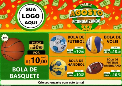 Modelo de Encarte para Encarte A4 Horizontal com o tema Comece Agosto Economizando para Artigos Esportivos