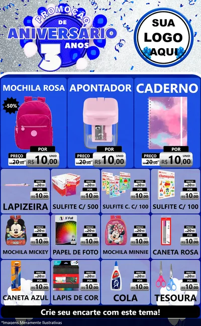 Modelo de Encarte para Encarte Grande com o tema Promoção de Aniversário - 3 Anos para Papelaria