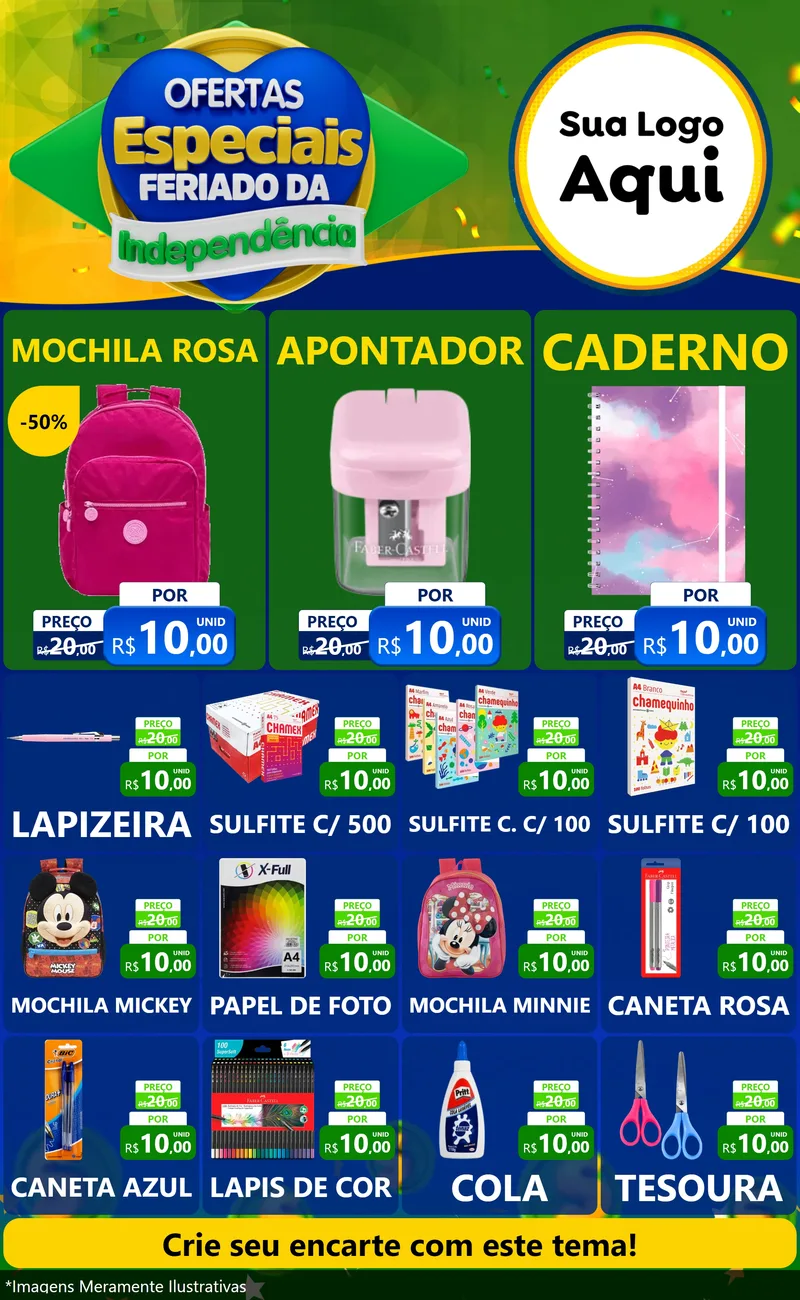 Modelo de Encarte para Encarte Grande com o tema Ofertas Especiais Feriado da Independência para Papelaria