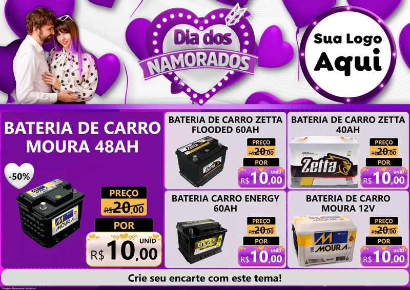 Modelo de Encarte para Encarte A4 Horizontal com o tema Dia dos Namorados para Baterias Elétricas
