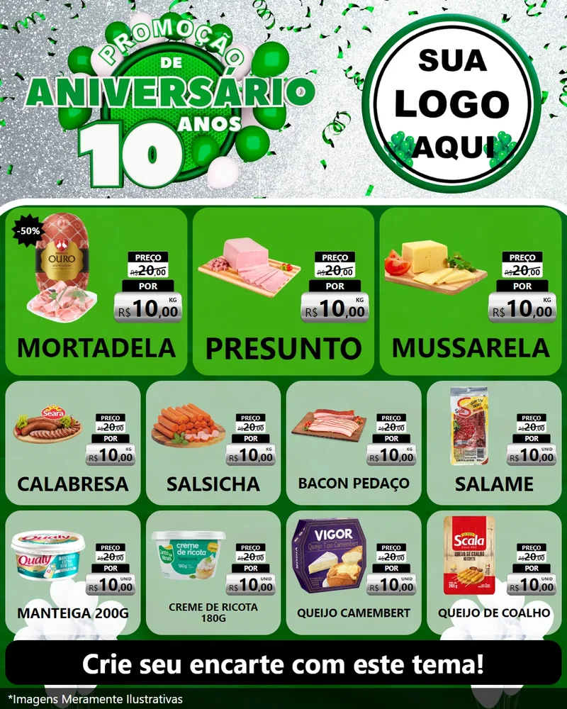 Modelo de Rede Social para Feed Instagram com o tema Promoção de Aniversário - 10 Anos para Frios e Laticínios