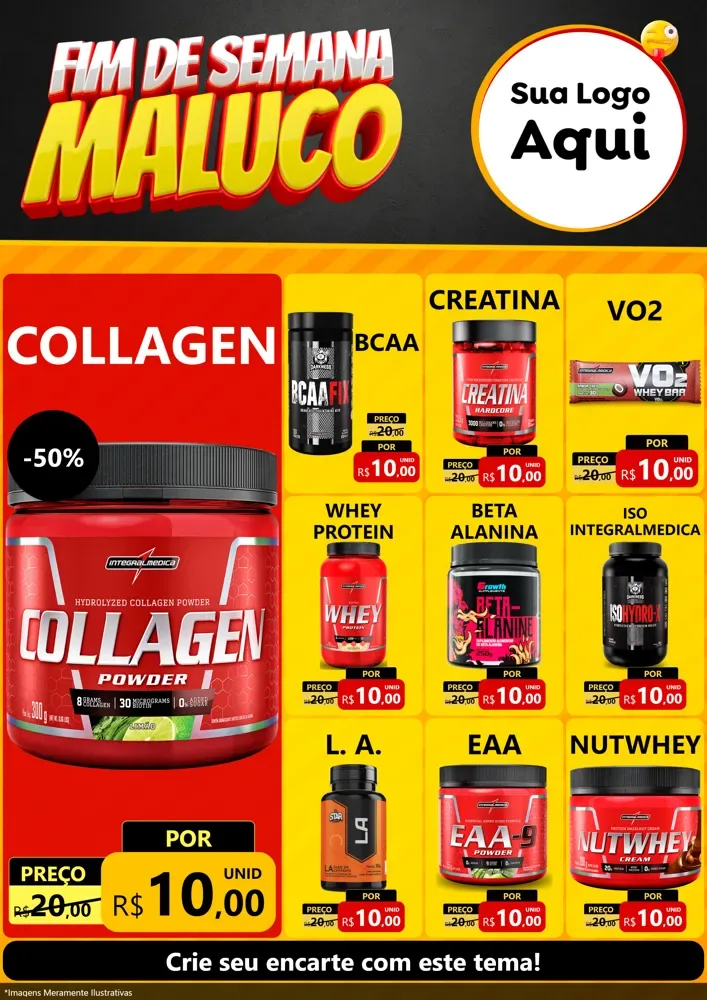 Modelo de Encarte para Encarte A4 Vertical com o tema Final de Semana Maluco para Suplementos alimentares