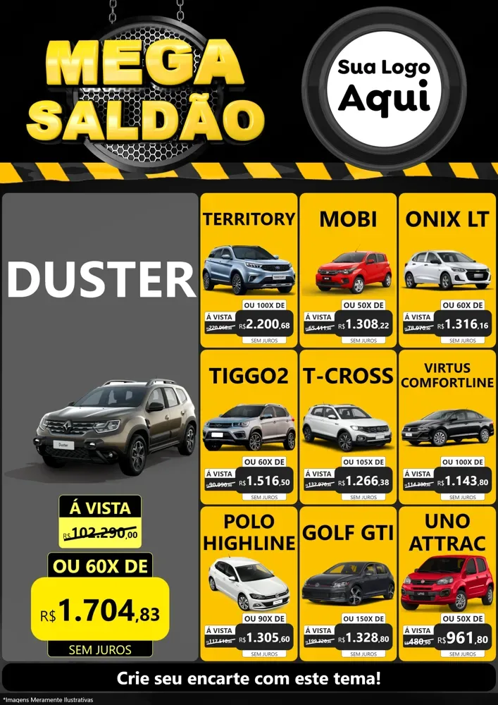 Modelo de Encarte para Encarte A4 Vertical com o tema Mega Saldão para Concessionaria de Carros