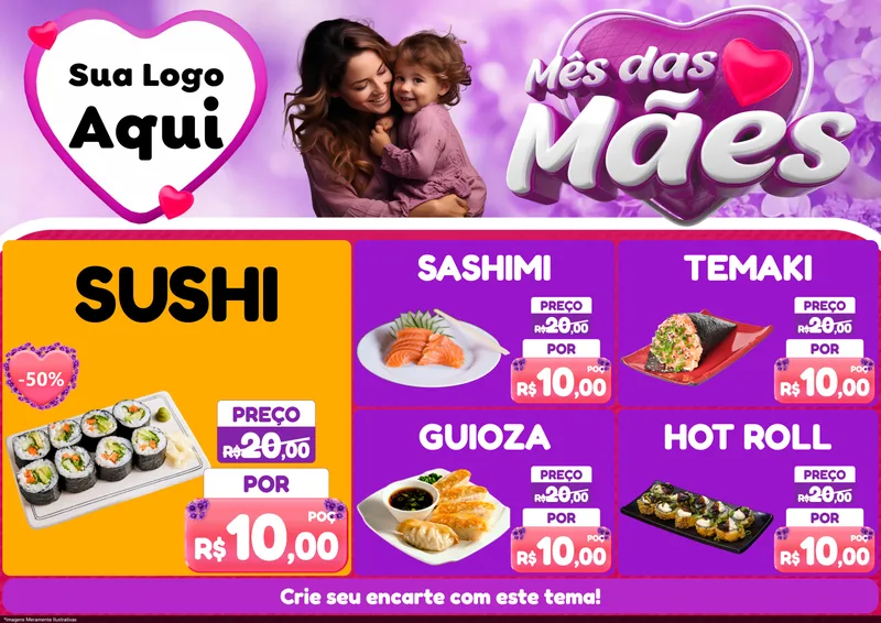 Modelo de Encarte para Encarte A4 Horizontal com o tema Mês das Mães para Comida japonesa