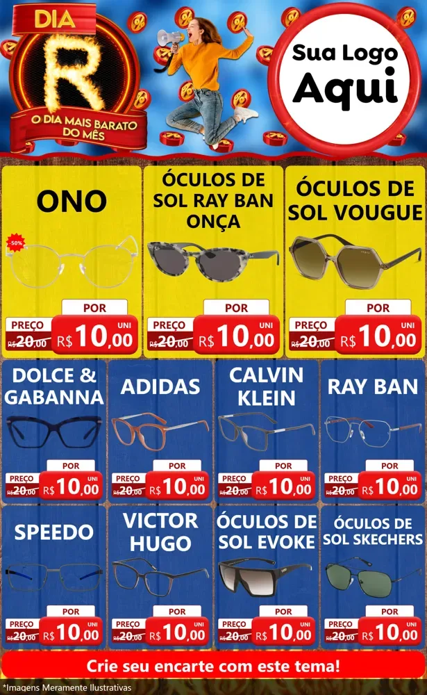 Modelo de Encarte para Encarte Grande com o tema Dia R - O Dia Mais Barato Do Mês para Óticas