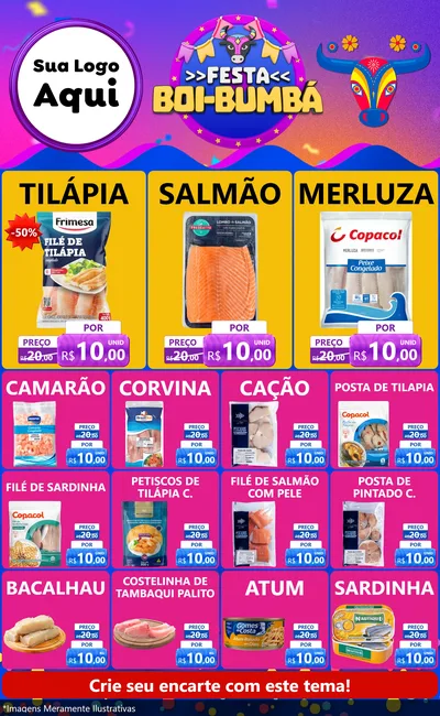 Modelo de Encarte para Encarte Grande com o tema Festa Boi-Bumbá para Peixaria