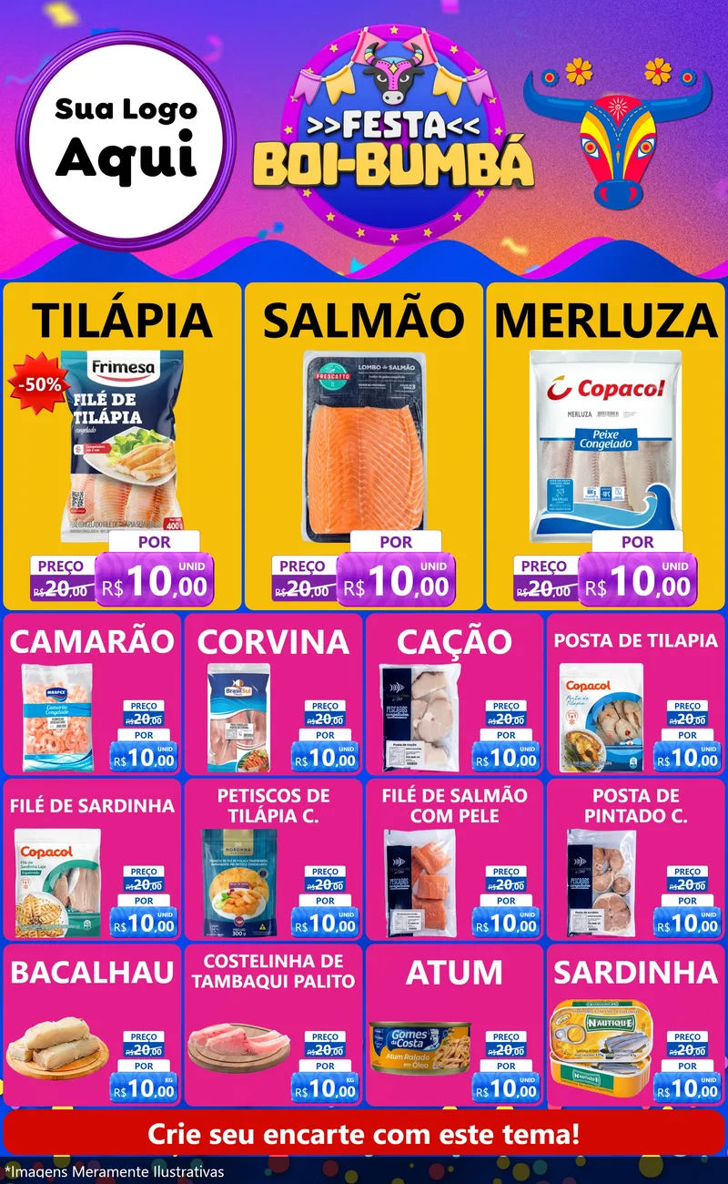 Modelo de Encarte para Encarte Grande com o tema Festa Boi-Bumbá para Peixaria