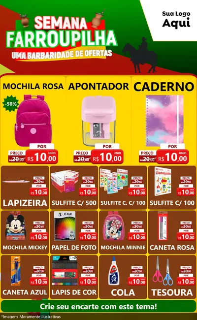 Modelo de Encarte para Encarte Grande com o tema Semana Farroupilha - Uma Barbaridade de Ofertas para Papelaria