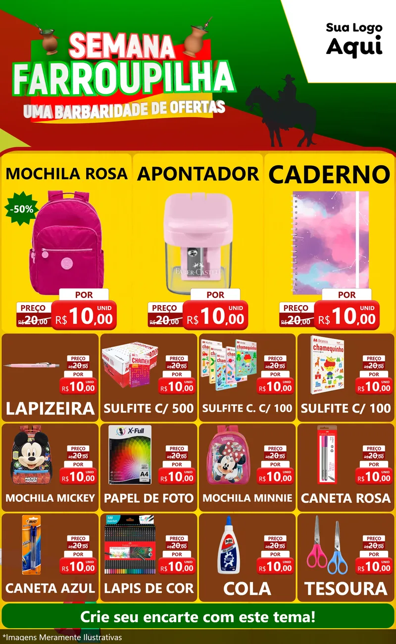 Modelo de Encarte para Encarte Grande com o tema Semana Farroupilha - Uma Barbaridade de Ofertas para Papelaria
