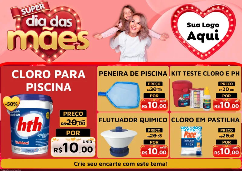 Modelo de Encarte para Encarte A4 Horizontal com o tema Super Dia Das Mães para Produtos para Piscina