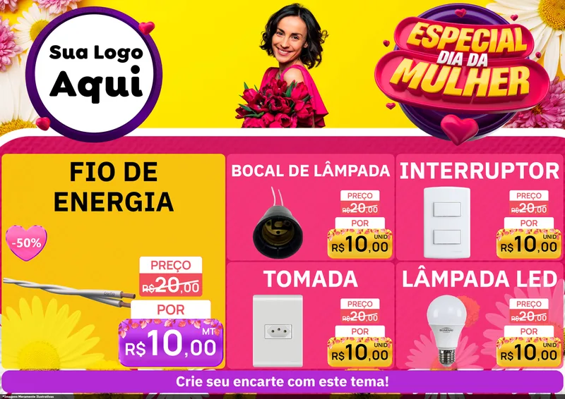 Modelo de Encarte para Encarte A4 Horizontal com o tema Especial Dia da Mulher para Materiais Elétricos