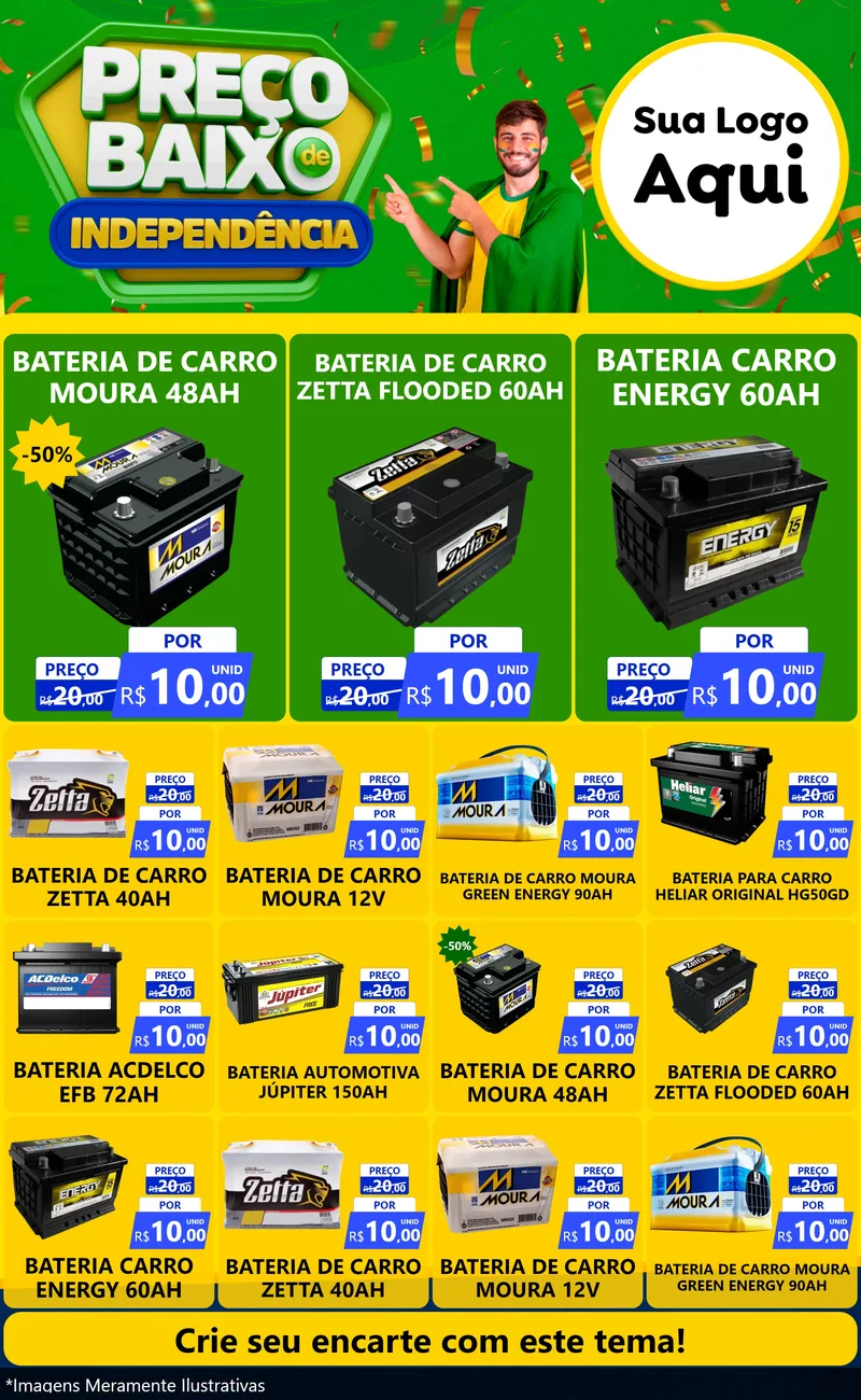 Modelo de Encarte para Encarte Grande com o tema Preço Baixo de Independência para Baterias Elétricas