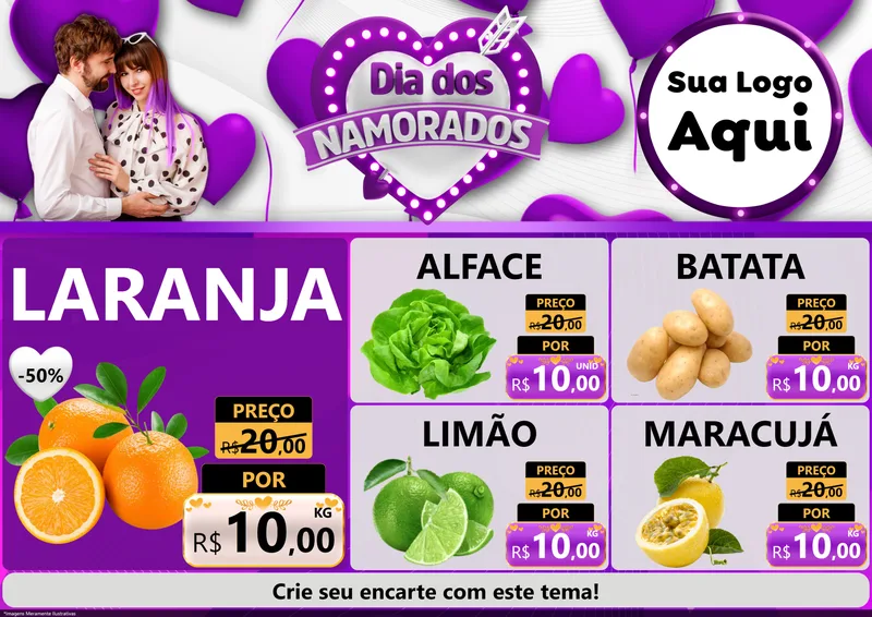 Modelo de Encarte para Encarte A4 Horizontal com o tema Dia dos Namorados para Hortifrúti