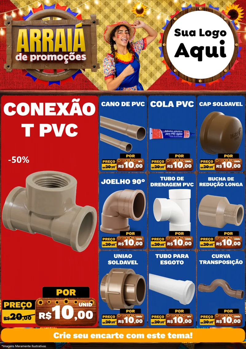 Modelo de Encarte para Encarte A4 Vertical com o tema Arraiá de Promoções para Tubos e conexões