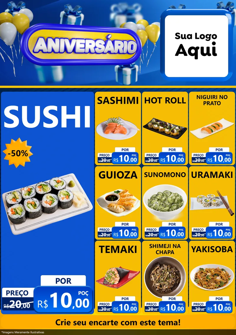 Modelo de Encarte para Encarte A4 Vertical com o tema Aniversário para Comida japonesa