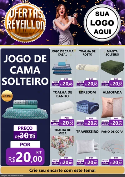 Modelo de Encarte para Encarte A4 Vertical com o tema Ofertas de Réveillon para Cama, Mesa e Banho
