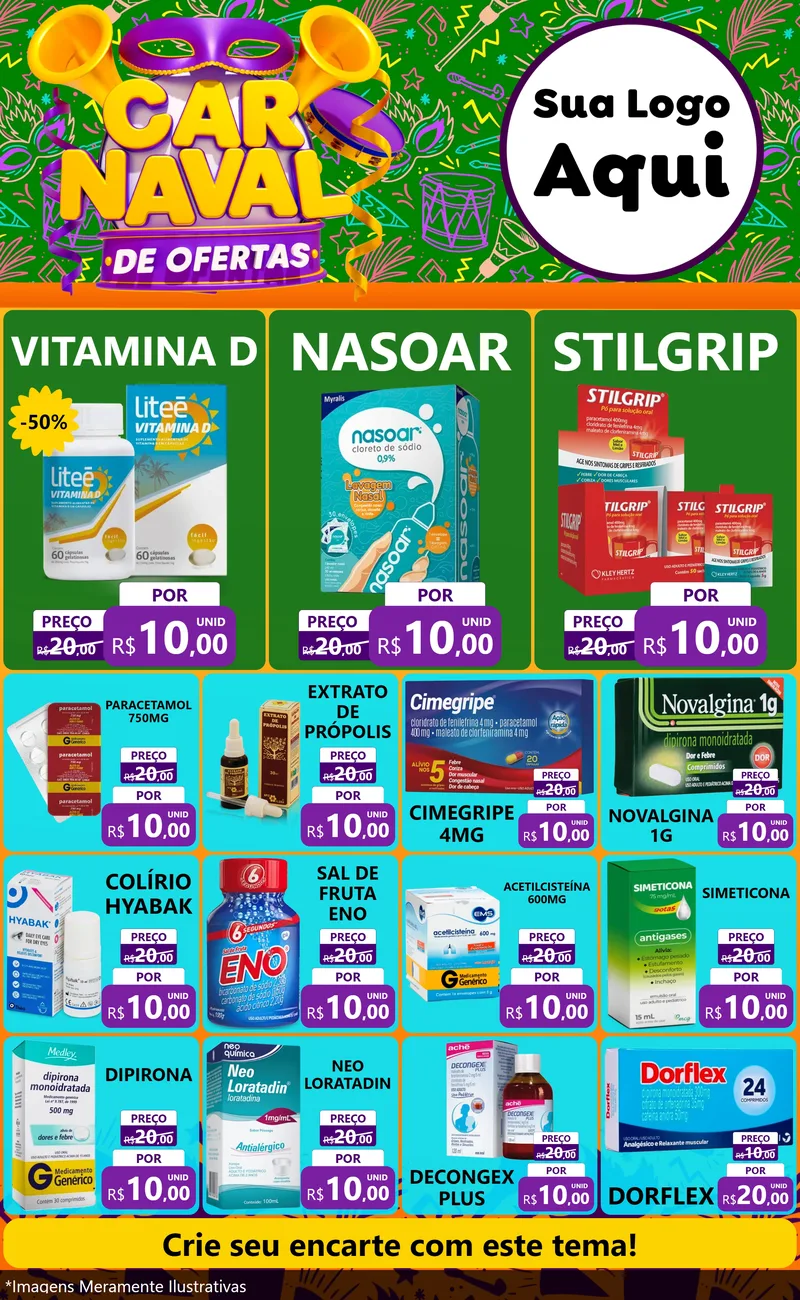 Modelo de Encarte para Encarte Grande com o tema Carnaval de Ofertas para Farmácia