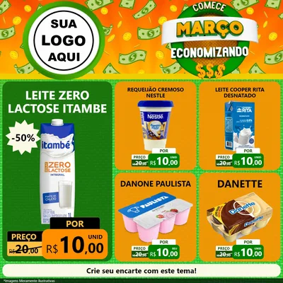 Modelo de Rede Social para Feed Facebook com o tema Comece Março Economizando para Frios e Laticínios