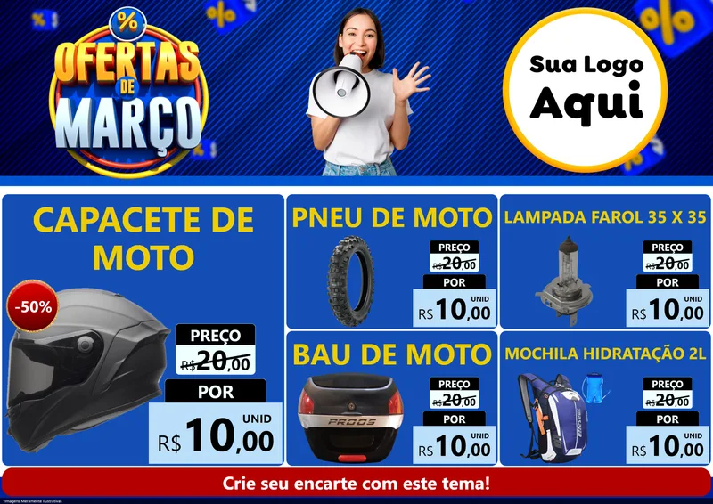 Modelo de Encarte para Encarte A4 Horizontal com o tema Ofertas de Março para Moto peças
