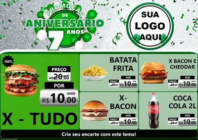 Modelo de Encarte para Encarte A4 Horizontal com o tema Promoção de Aniversário - 7 Anos para Hamburgueria
