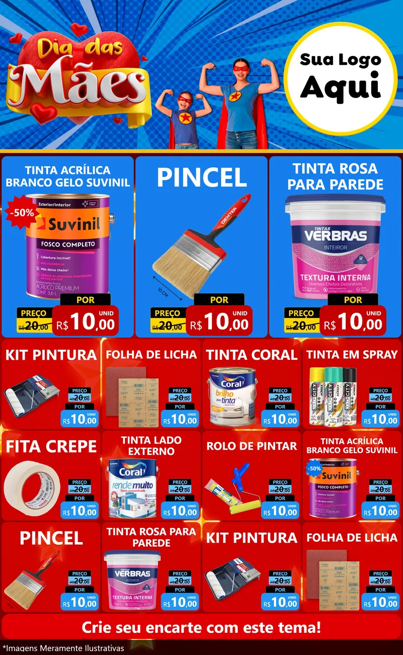 Modelo de Encarte para Encarte Grande com o tema Dia das Mães para Tintas e Ferramentas