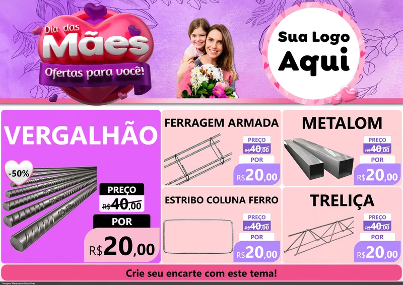 Modelo de Encarte para Encarte A4 Horizontal com o tema Dia das Mães Ofertas para Você! para Ferragens
