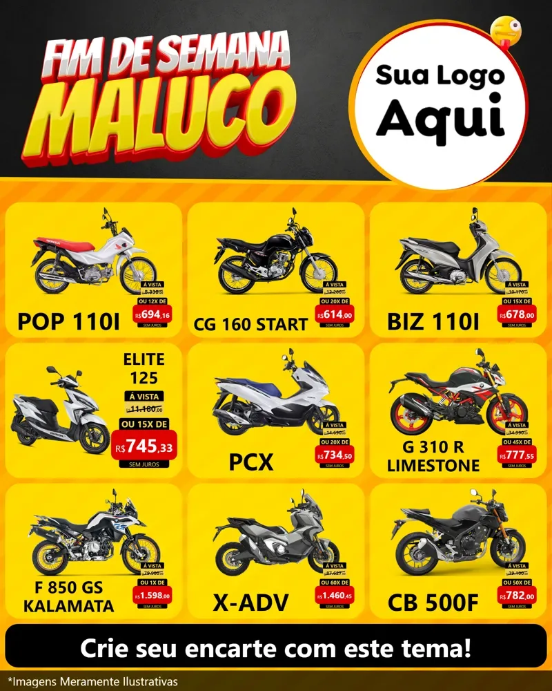 Modelo de Rede Social para Feed Instagram com o tema Final de Semana Maluco para Concessionaria de Motos